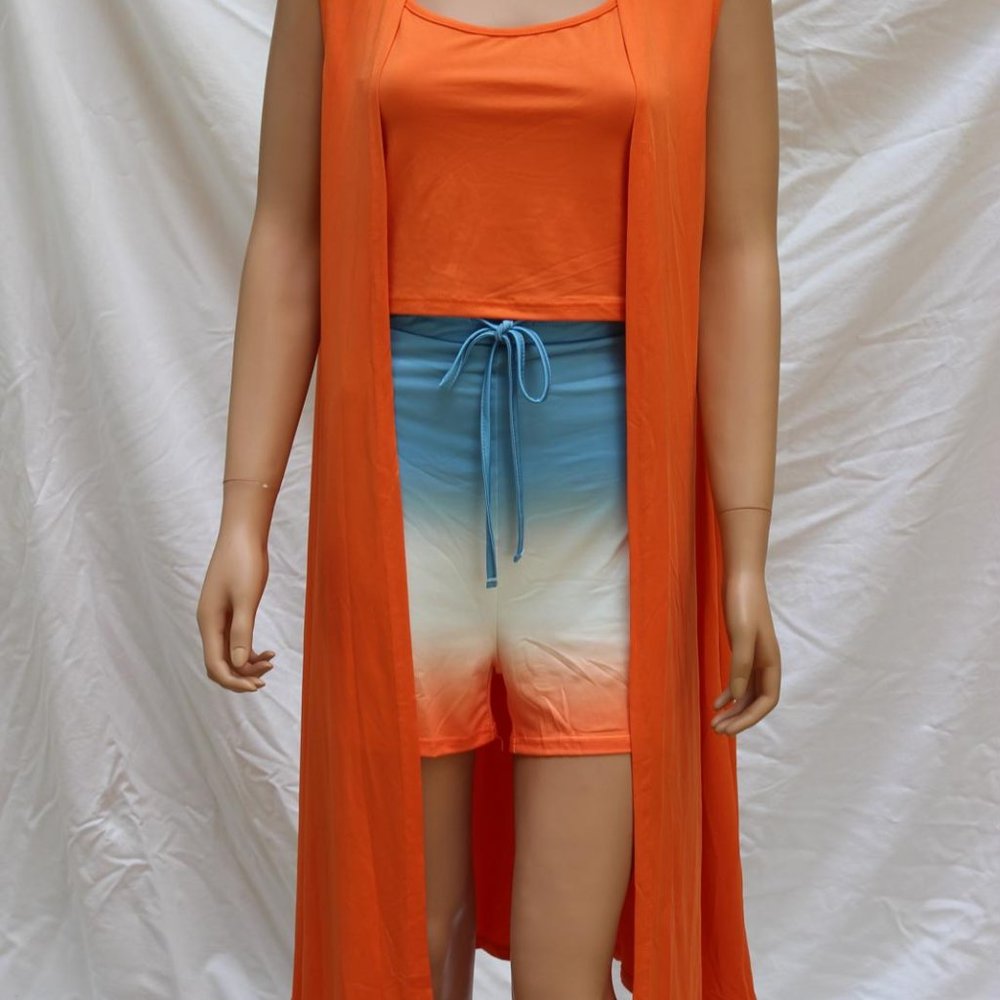 NWOT CHIC ME 3 PIECE WOMENS XL ORANGE BLUE SET CROP TOP SHORTS COVER JACKET